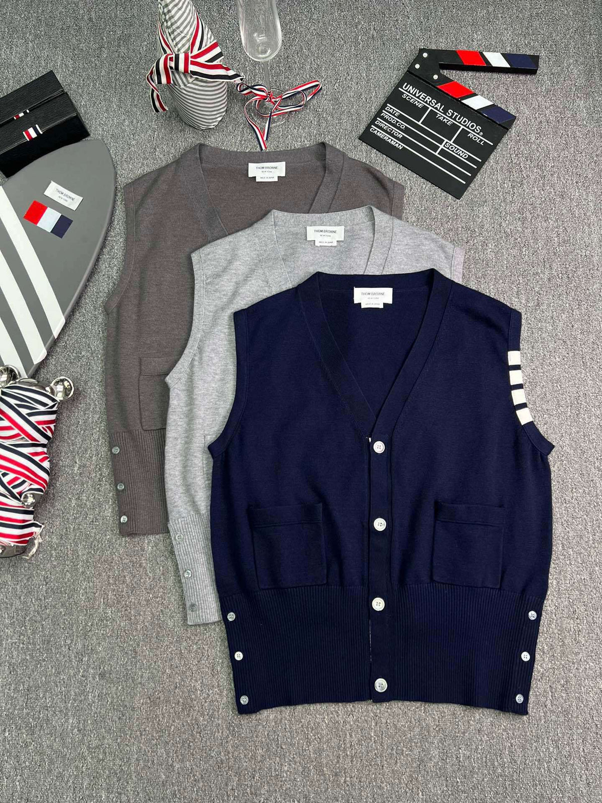 Thom Browne Style Four-Bar V-Neck Button Knit Vest