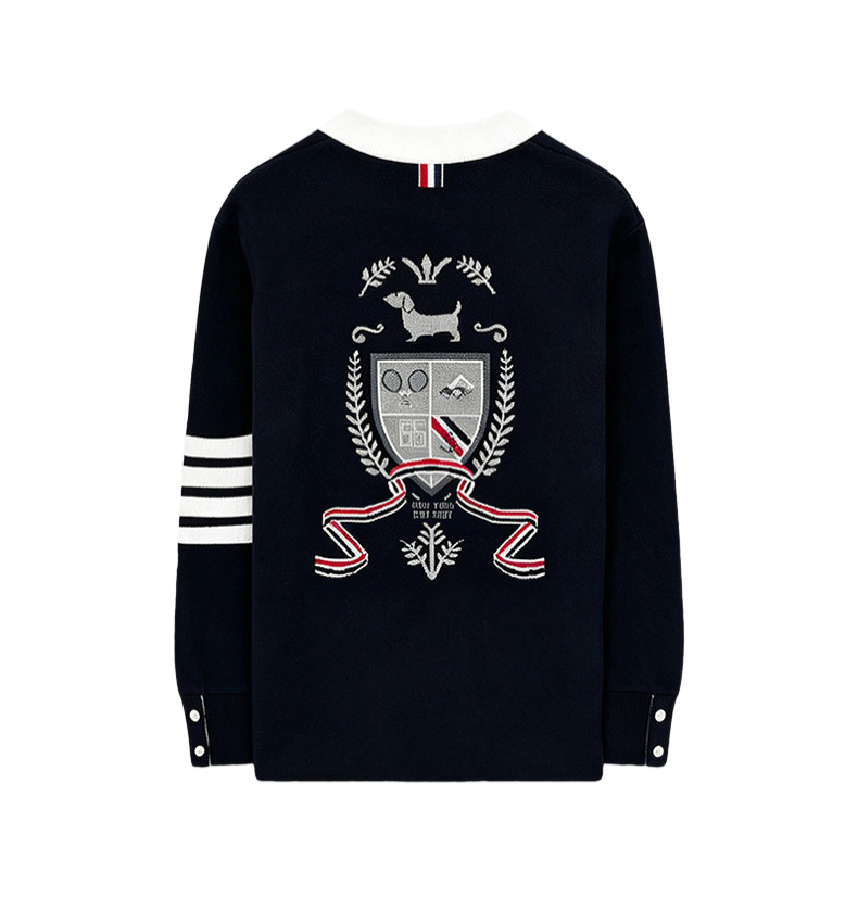 Intarsia Knit Cardigan — Unisex Four-Stripe Badge Sweater | Thom Browne