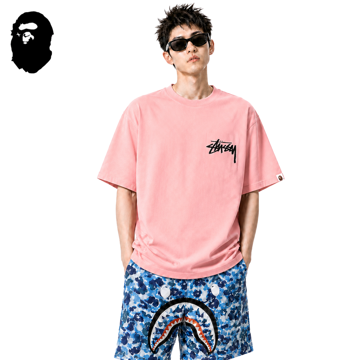 BAPE x Stussy Small Logo Men's T-Shirt - Pink