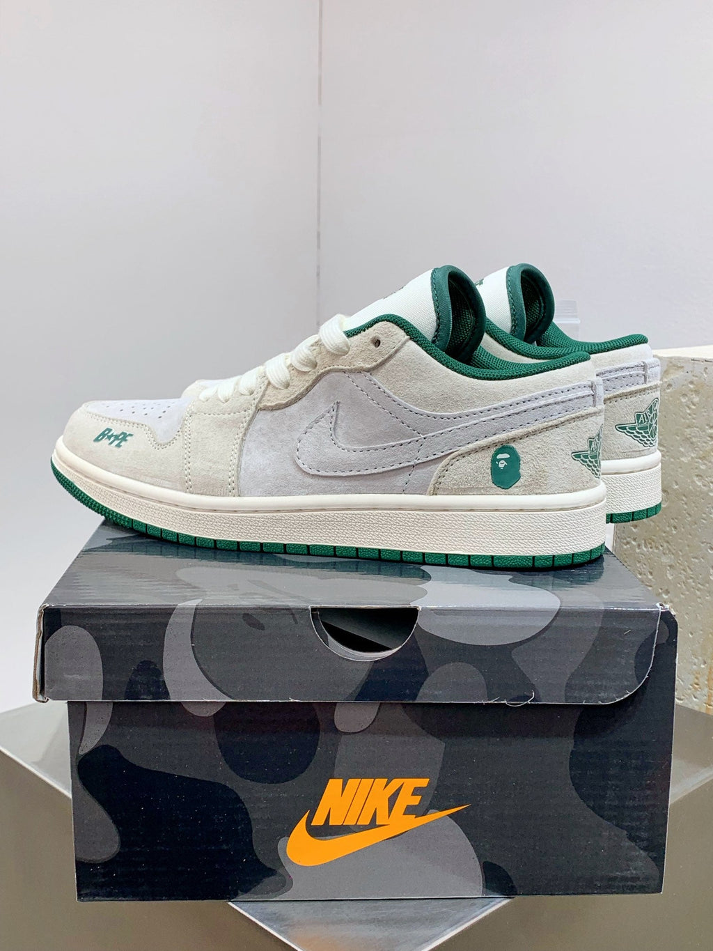 BAPE × Nike Air Jordan 1 Low – Grey Suede / Forest Green