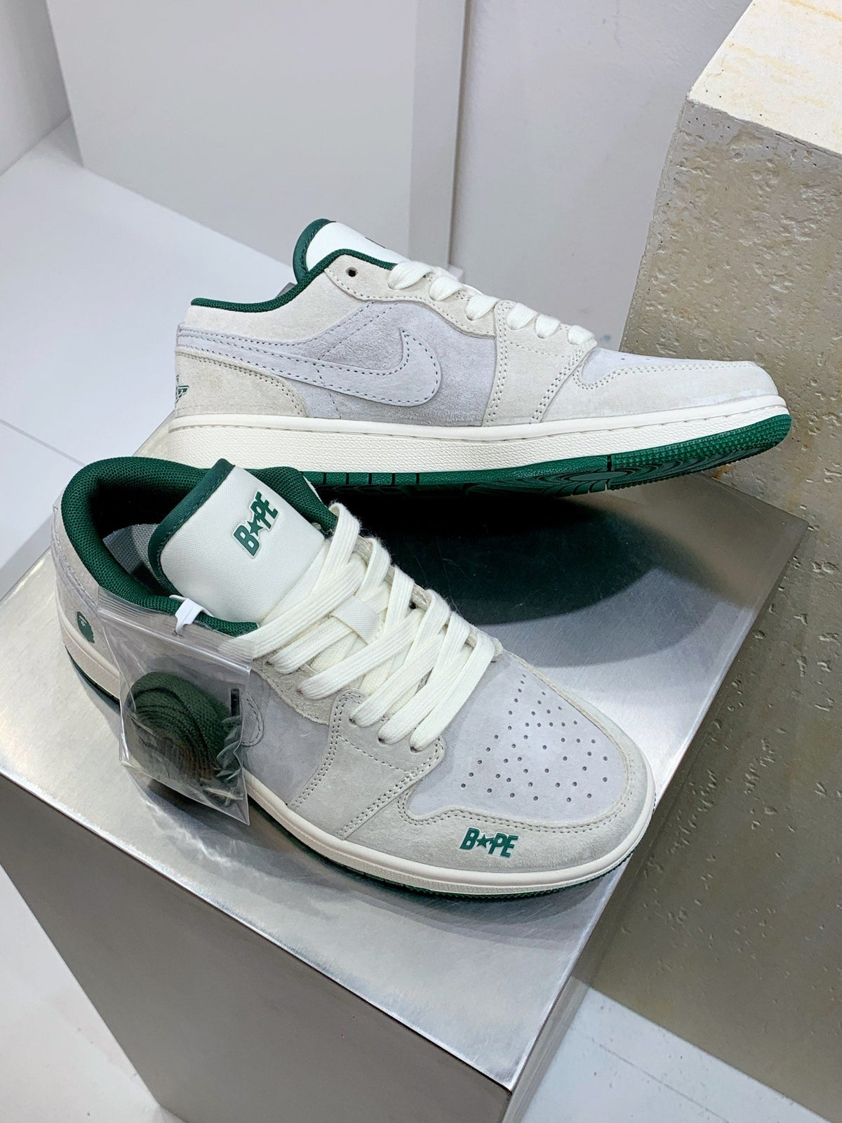 BAPE × Nike Air Jordan 1 Low – Grey Suede / Forest Green
