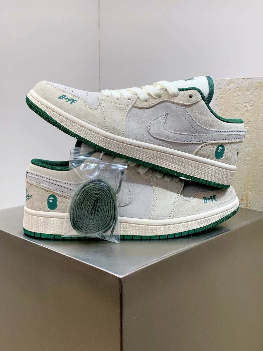 BAPE × Nike Air Jordan 1 Low – Grey Suede / Forest Green