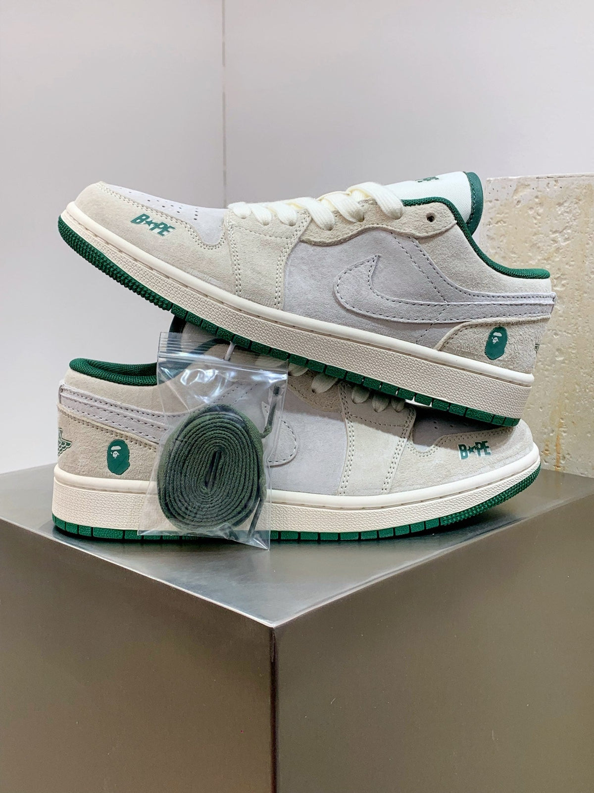 BAPE × Nike Air Jordan 1 Low – Grey Suede / Forest Green