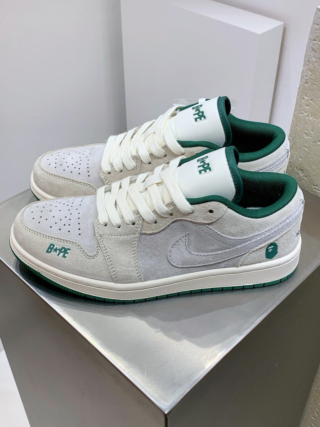 BAPE × Nike Air Jordan 1 Low – Grey Suede / Forest Green