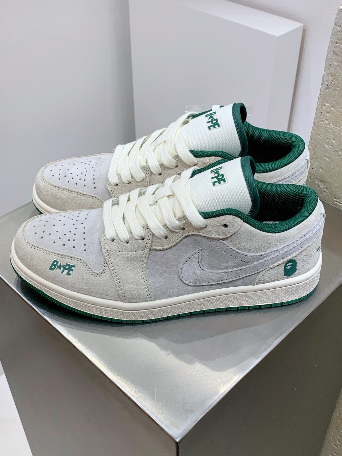 BAPE × Nike Air Jordan 1 Low – Grey Suede / Forest Green