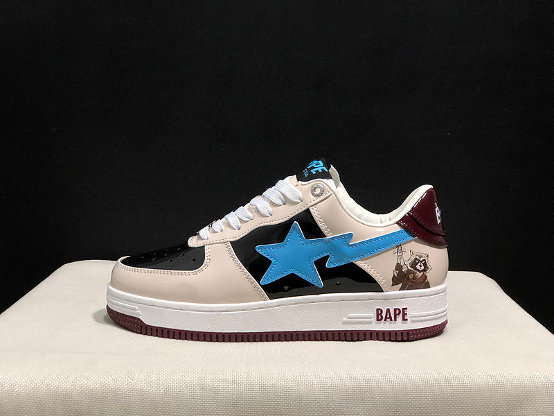 BAPE STA Low × Marvel – Cream / Black Patent / Baby Blue