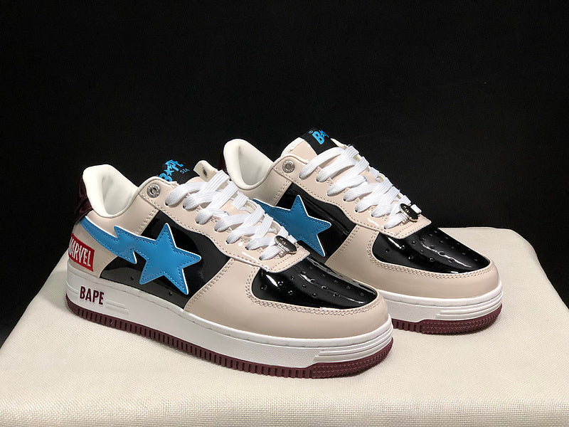 BAPE STA Low × Marvel – Cream / Black Patent / Baby Blue