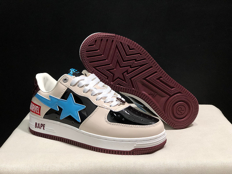 BAPE STA Low × Marvel – Cream / Black Patent / Baby Blue