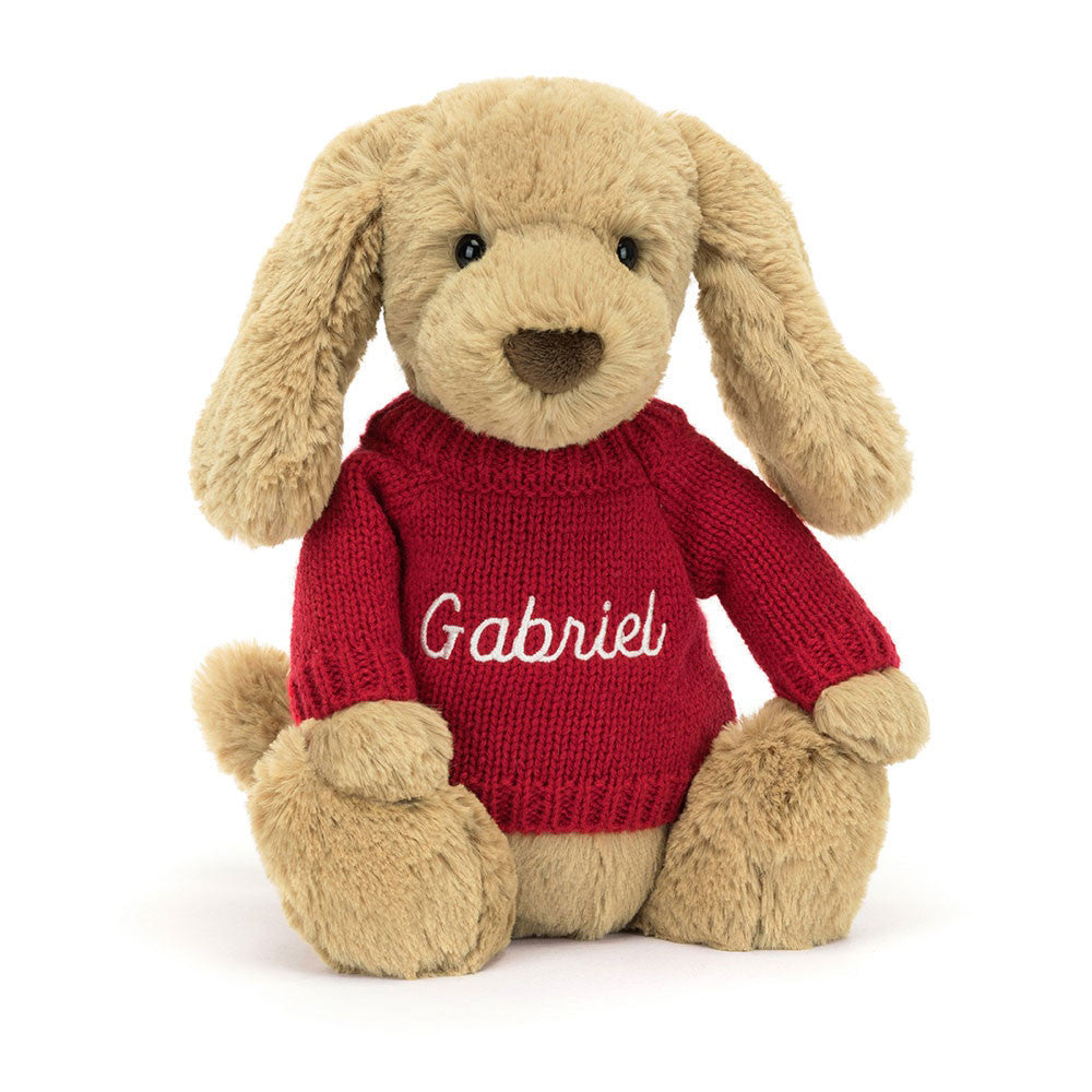 Bashful Toffee Puppy with Personalized Red Jumper