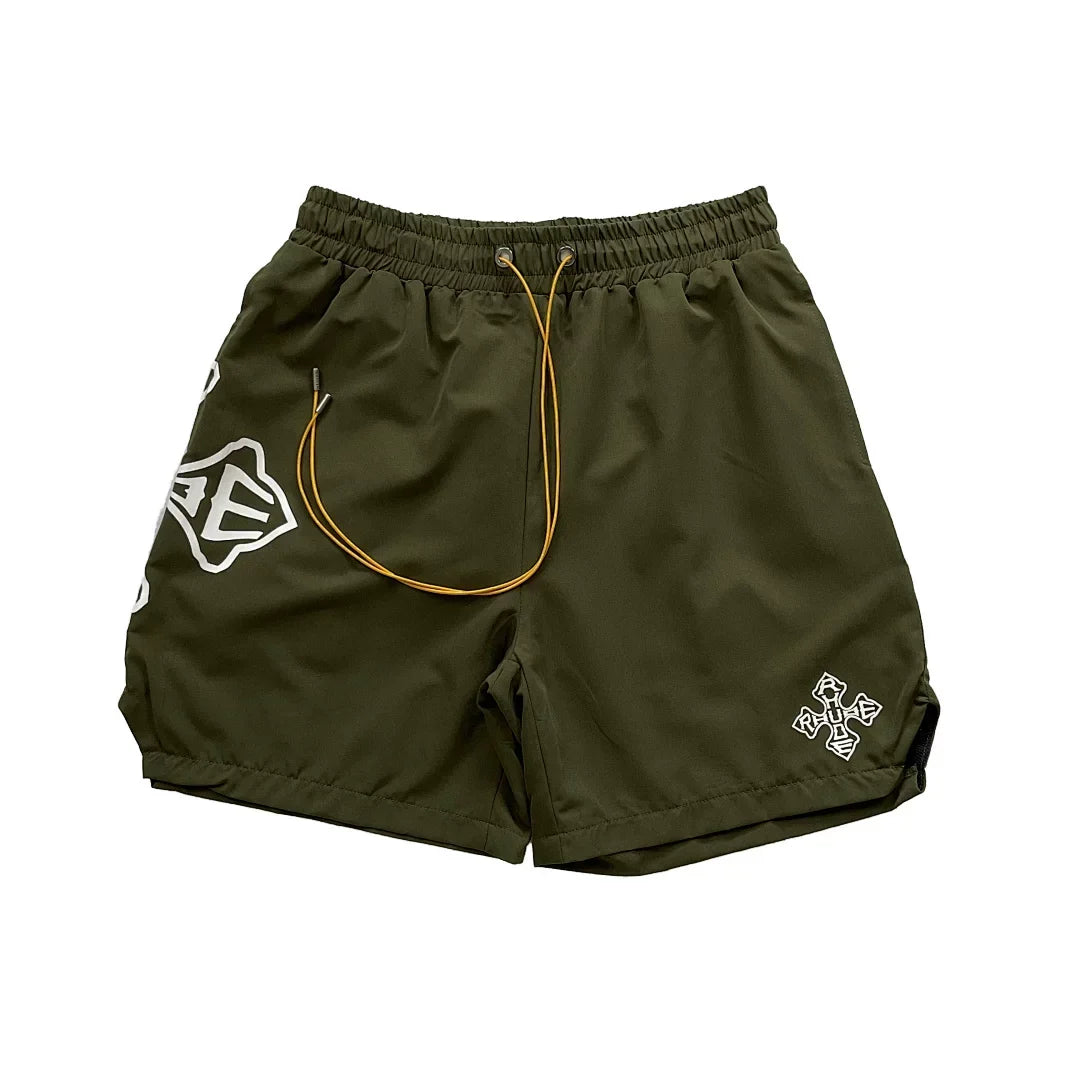 Rhude Cross Graphic Olive Green Nylon Shorts