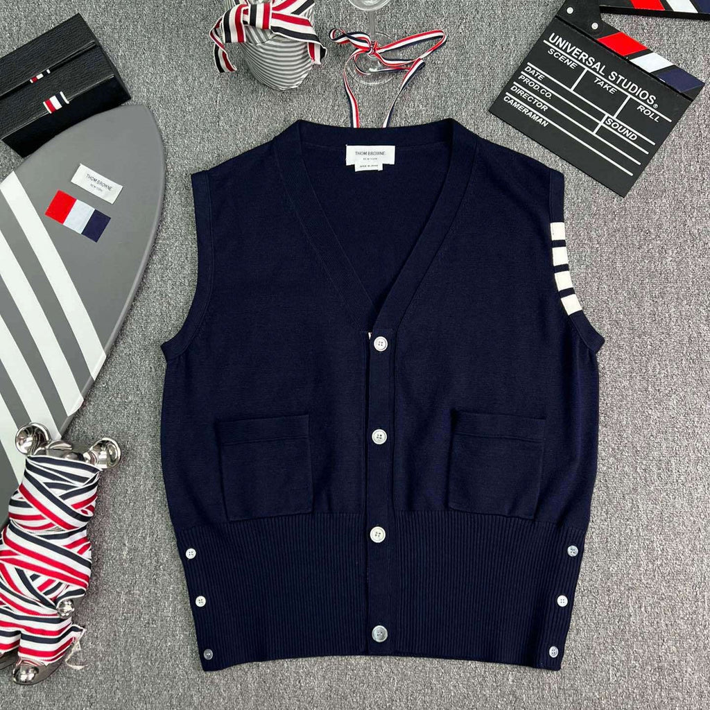 Thom Browne Style Four-Bar V-Neck Button Knit Vest