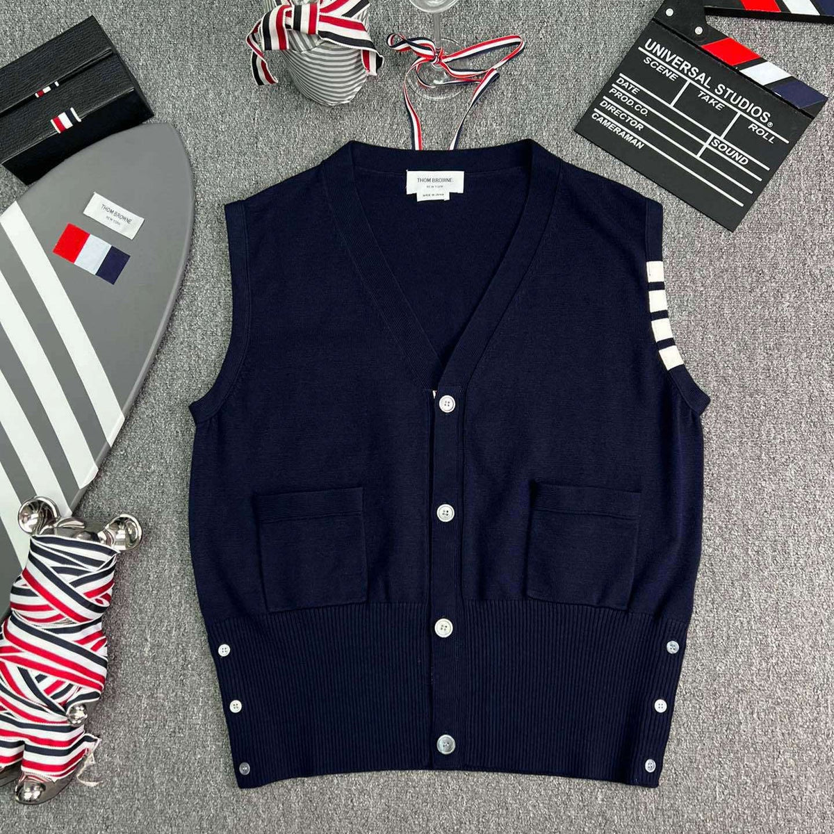 Thom Browne Style Four-Bar V-Neck Button Knit Vest