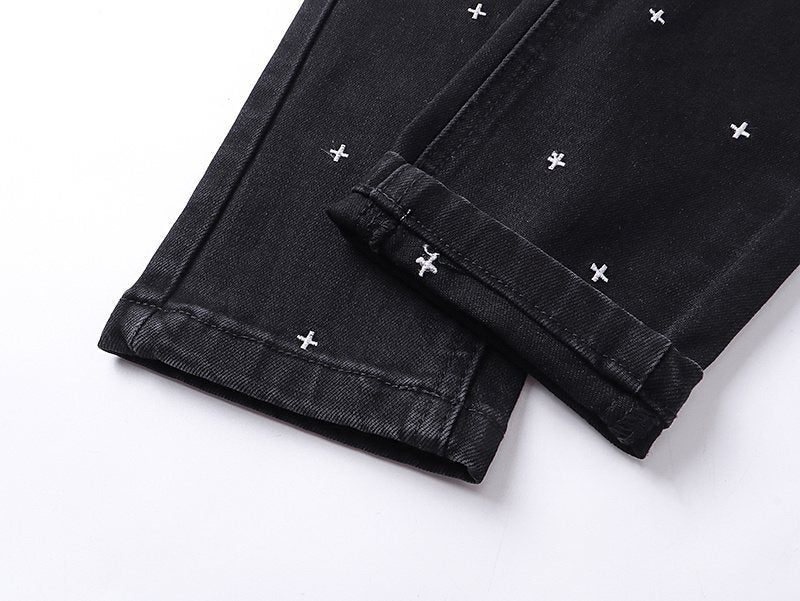 Ksubi Black Cross Embroidered Slim Tapered Jeans