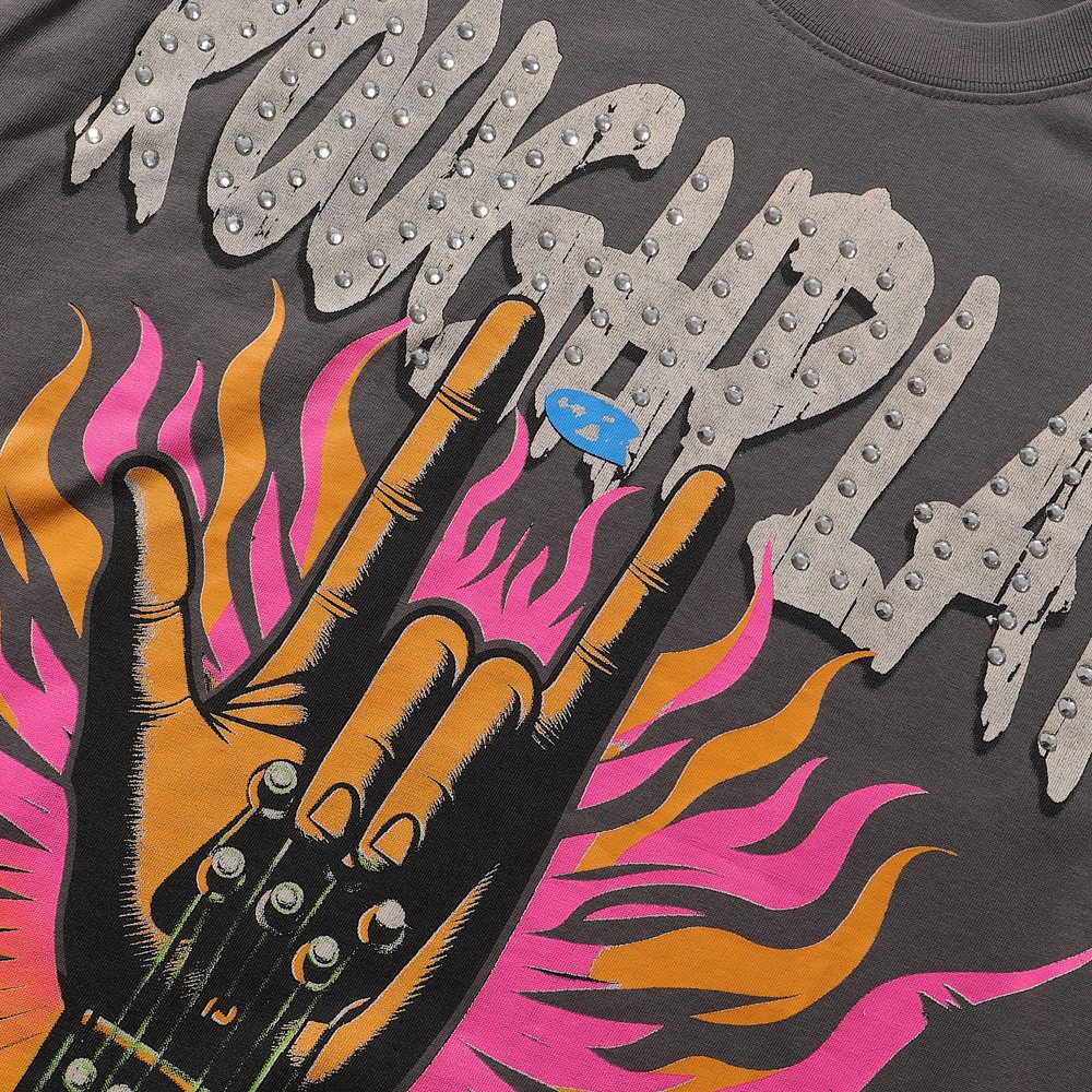 Rough Play Rock Hand Guitar Rhinestone Graphic T-Shirt