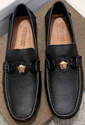 Versace Black Gold-Emblem Slip-On Loafers