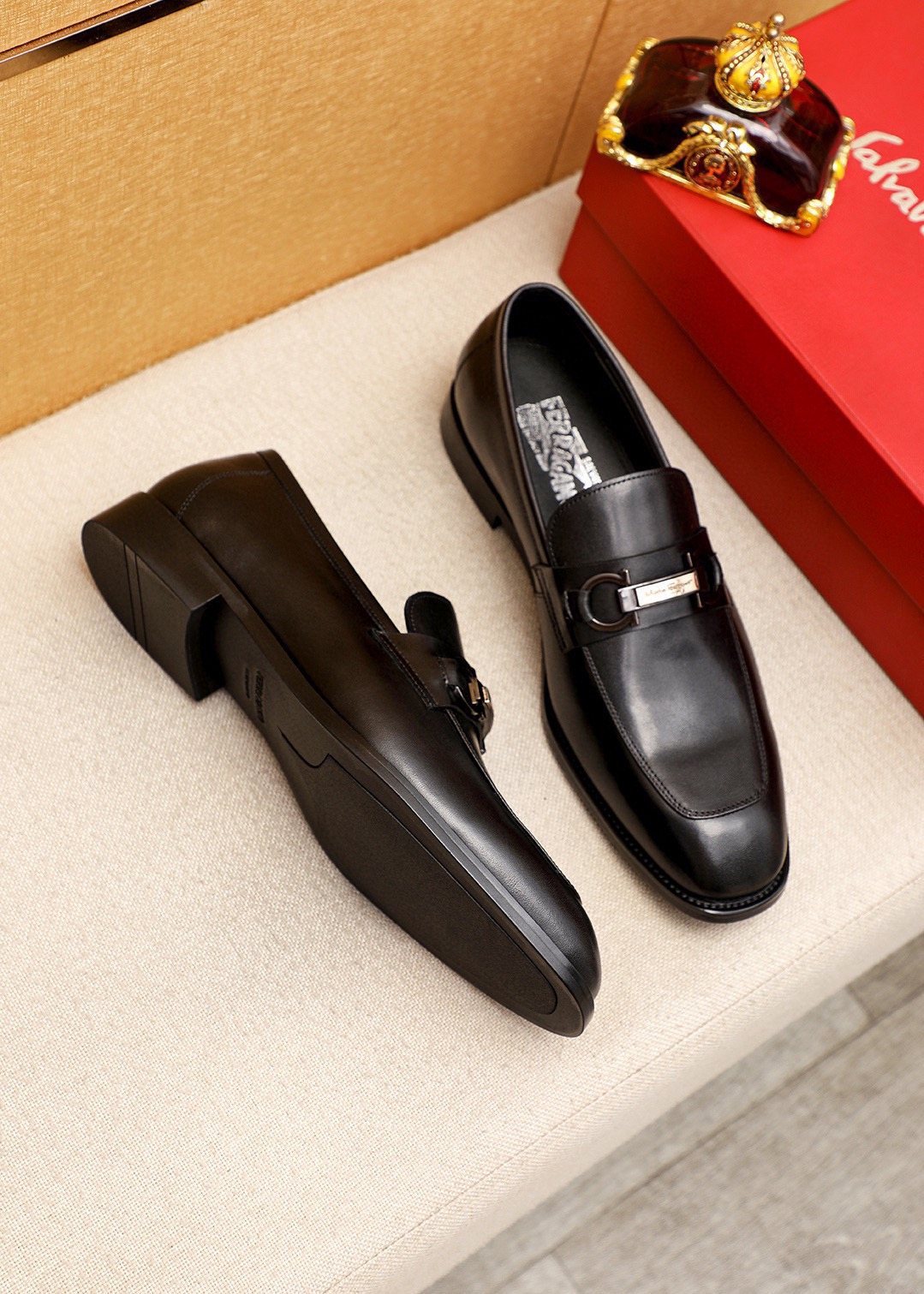 Ferragamo Black Buckle Loafers - Square Toe