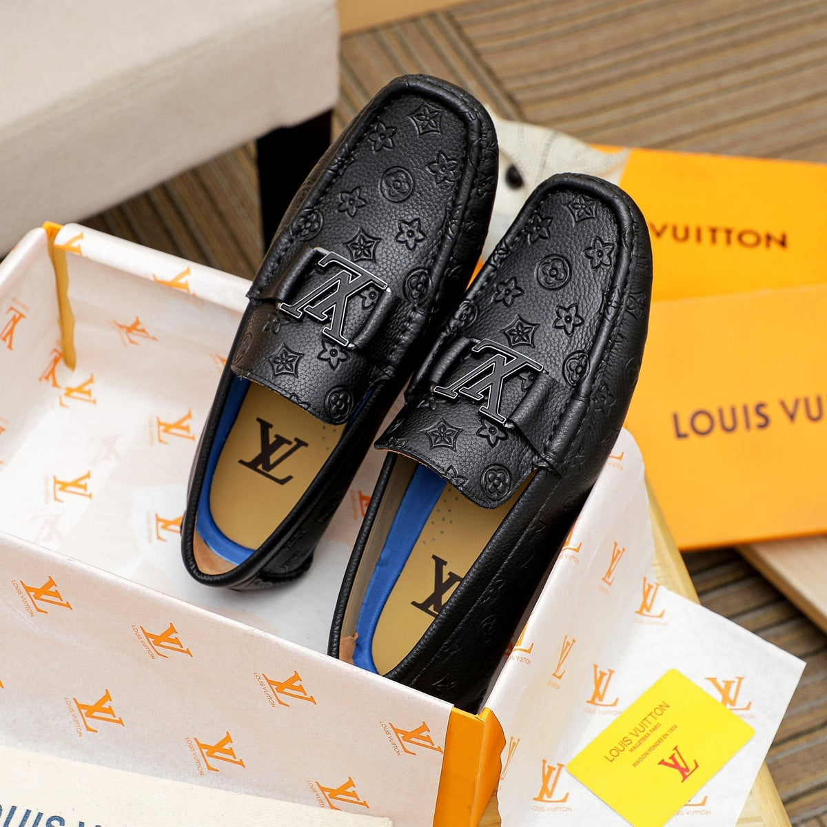 Louis Vuitton Black Embossed Driving Loafers - Raised Front Detail