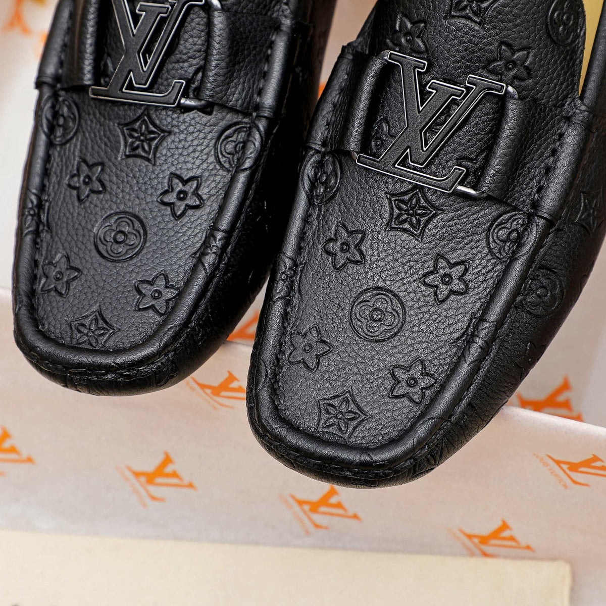 Louis Vuitton Black Embossed Driving Loafers - Raised Front Detail