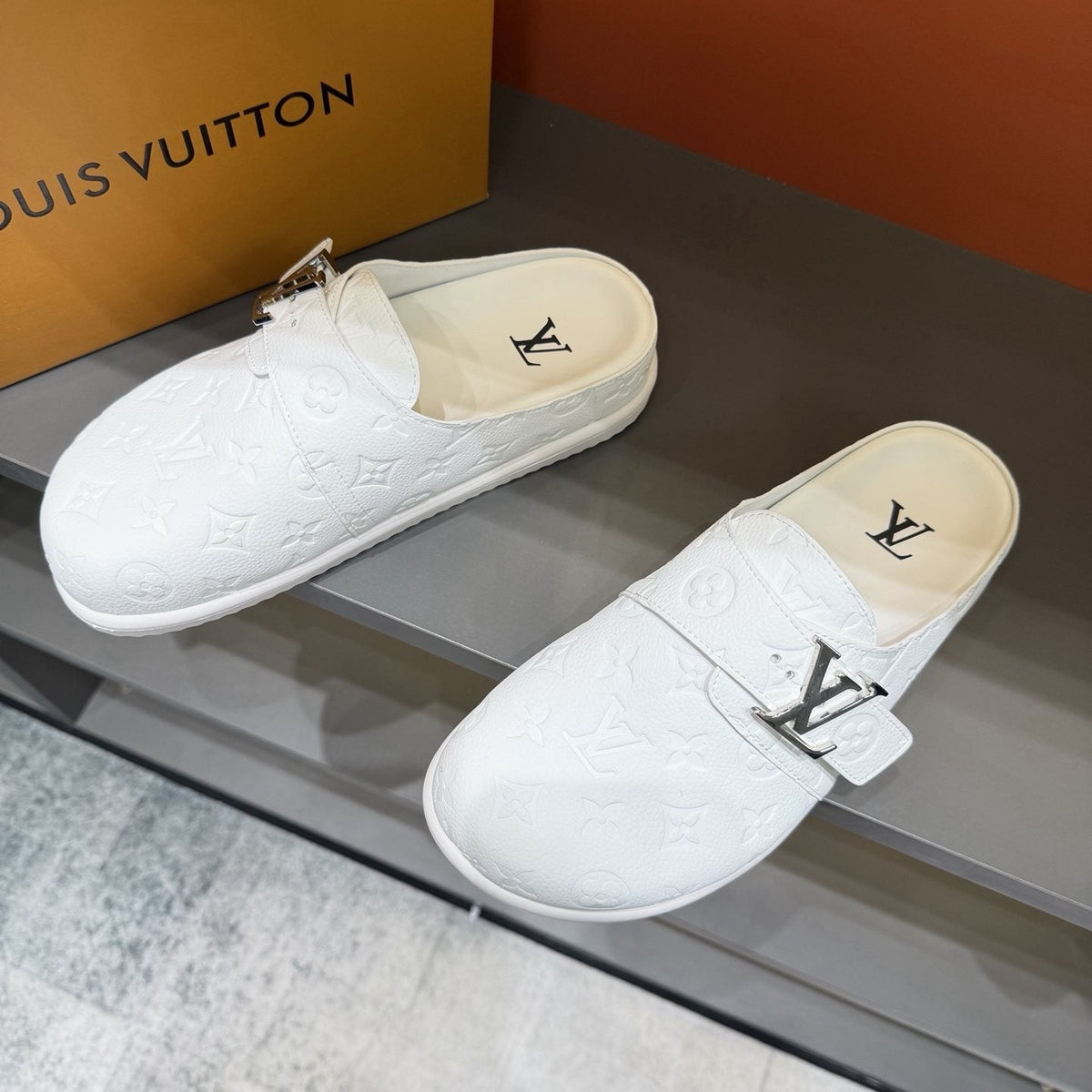Louis Vuitton White Embossed Slide Sandals