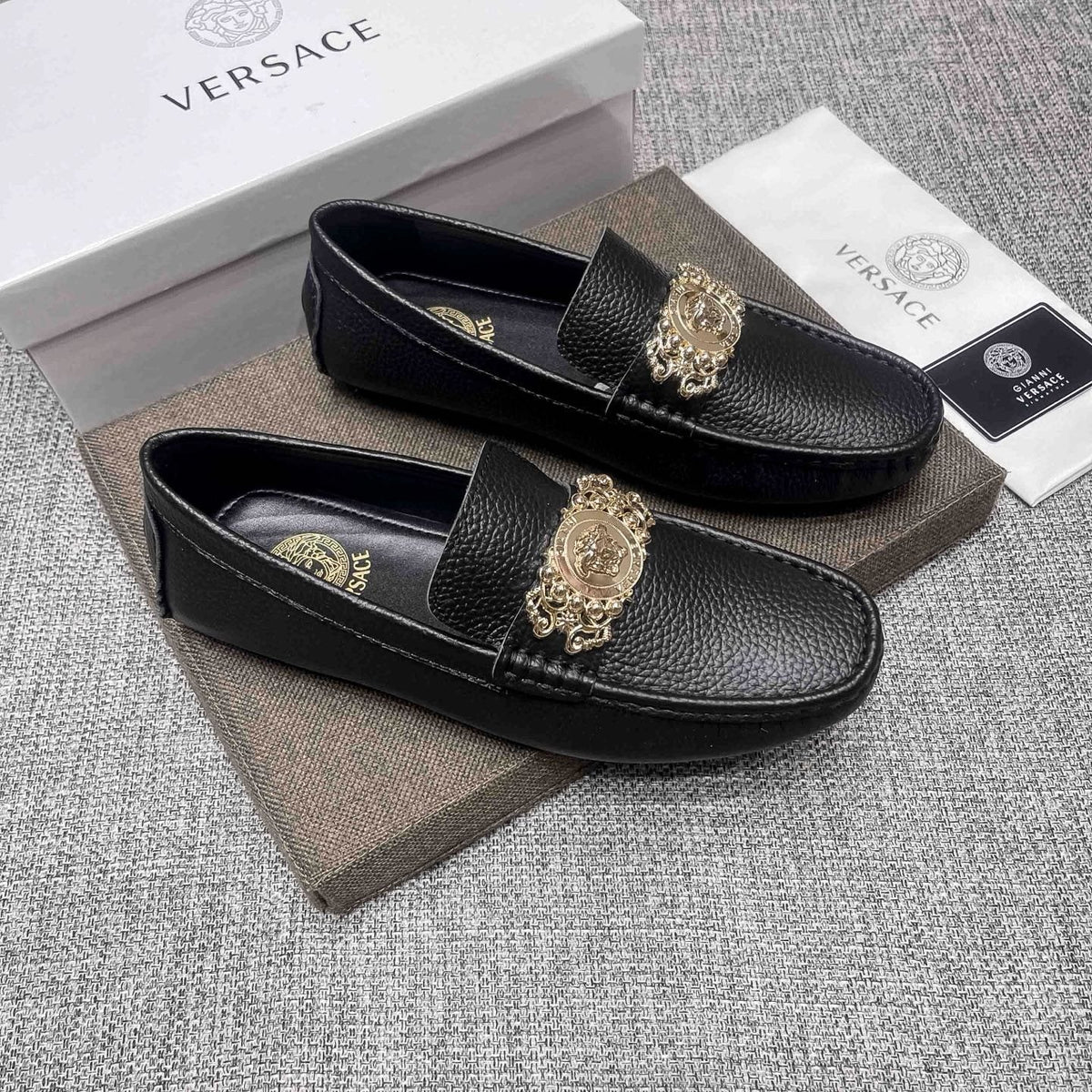 Versace Black Pebbled Leather Loafers