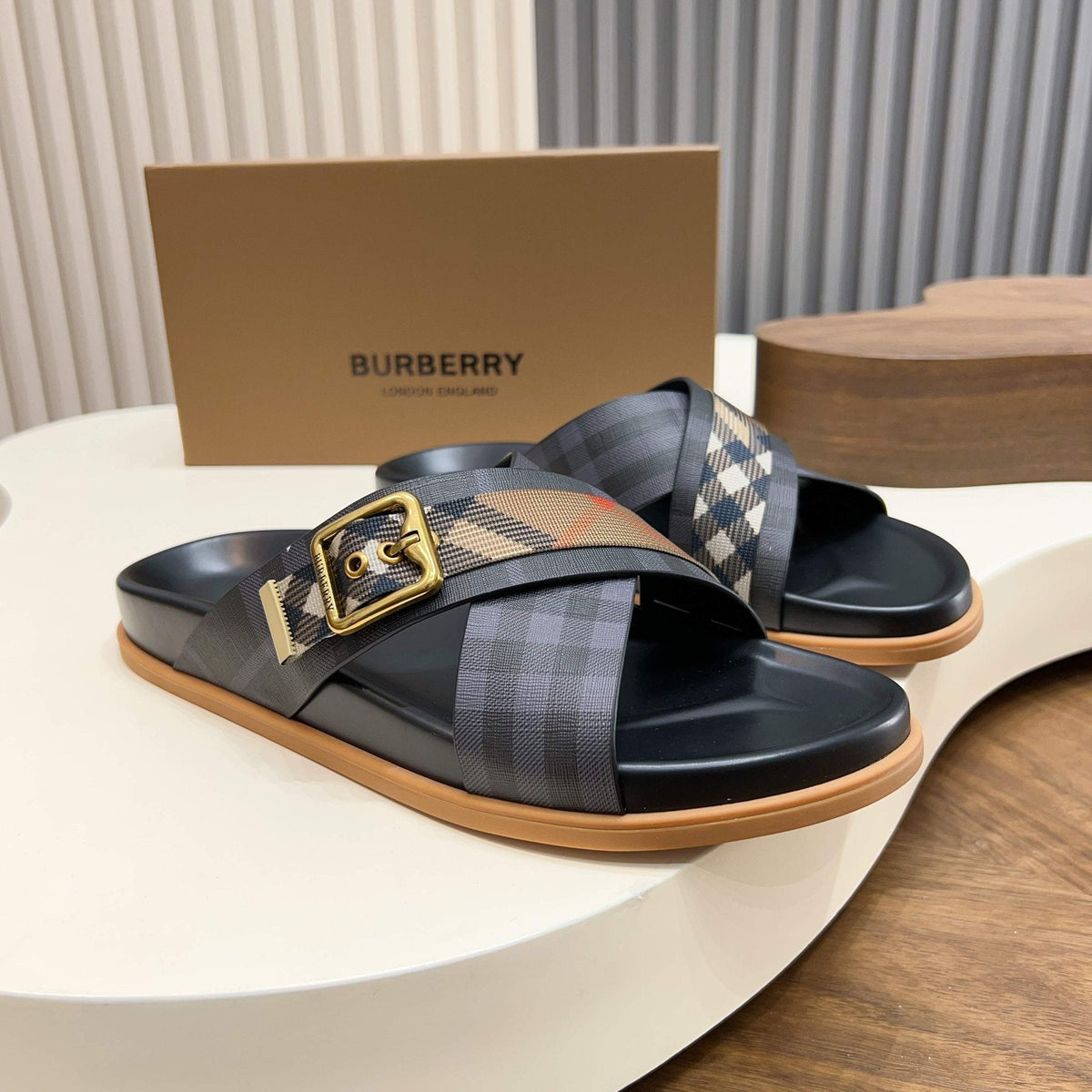 Burberry Charcoal Check Buckle Slide Sandals - Black and Charcoal Check