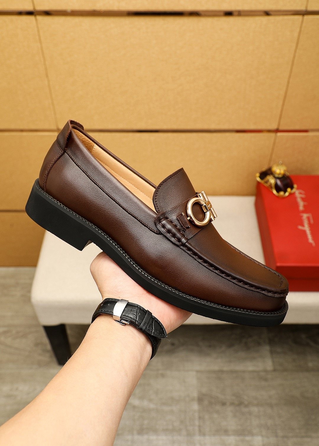 Ferragamo Dark Brown Metal-Bit Loafers