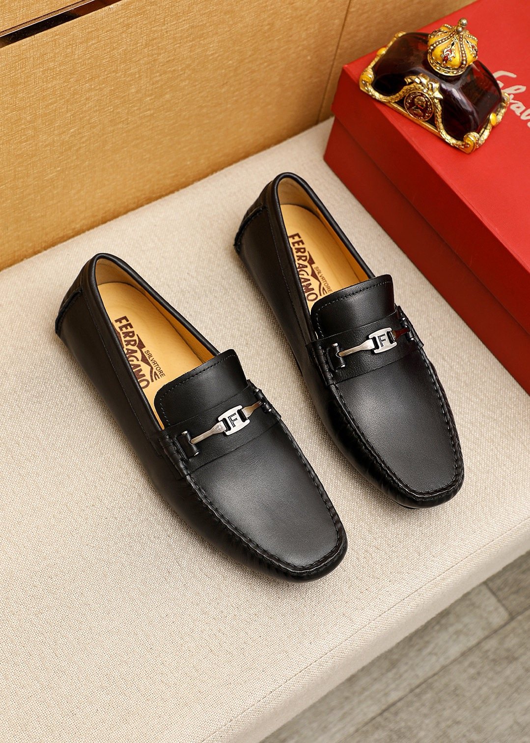 Ferragamo Black Metal-Trim Loafers