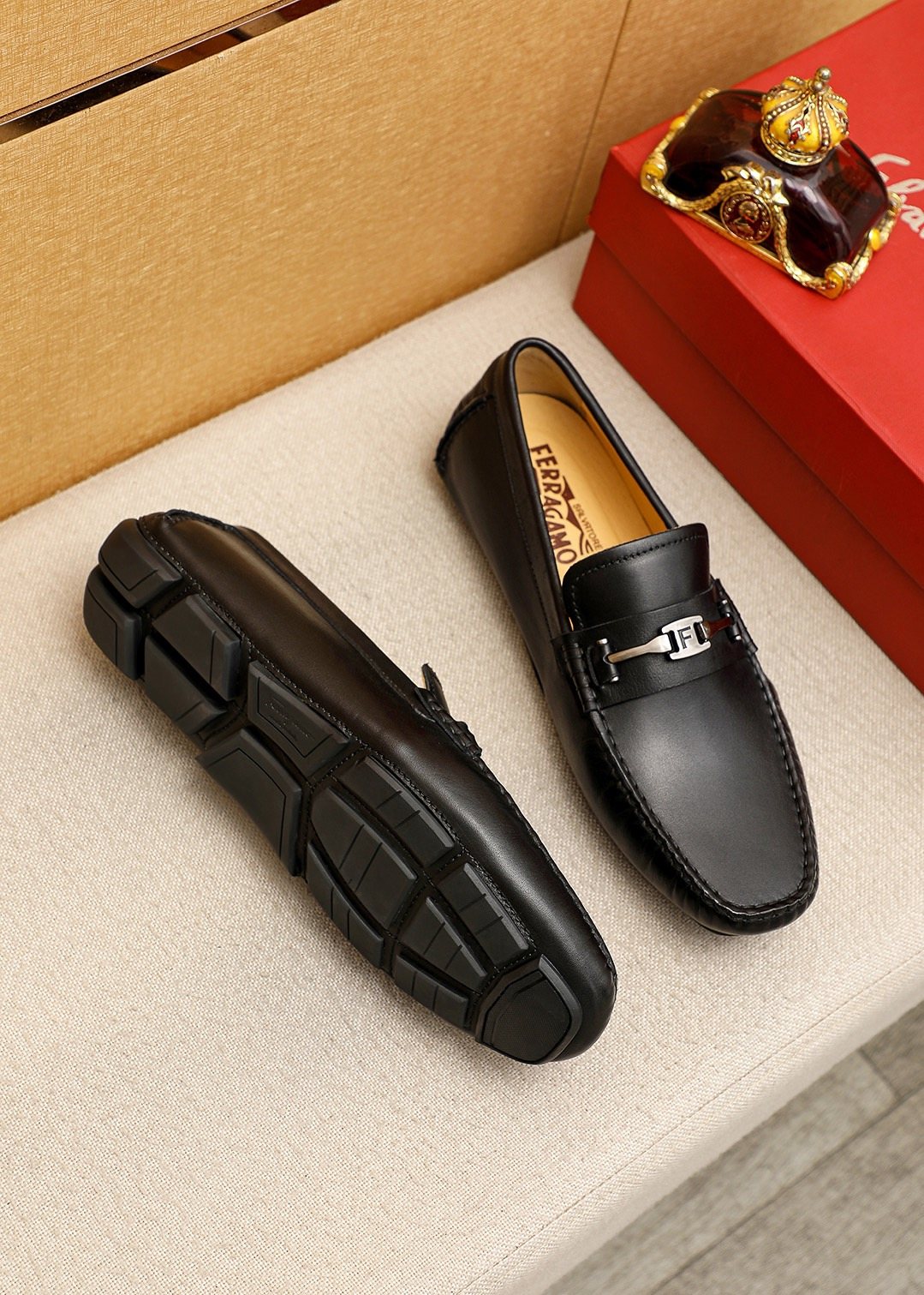 Ferragamo Black Metal-Trim Loafers