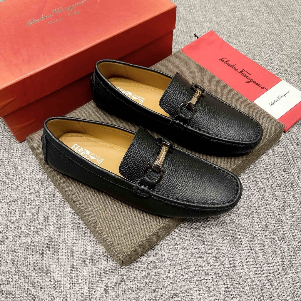 Salvatore Ferragamo Black Textured Driving Loafers