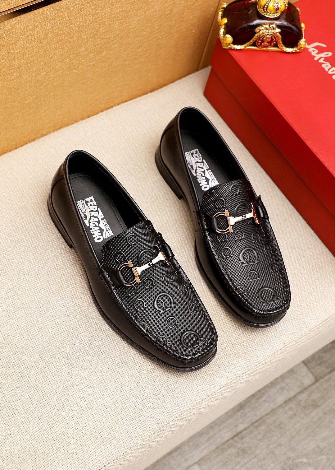 Ferragamo Black Embossed Buckle Loafers - Rubber Outsole