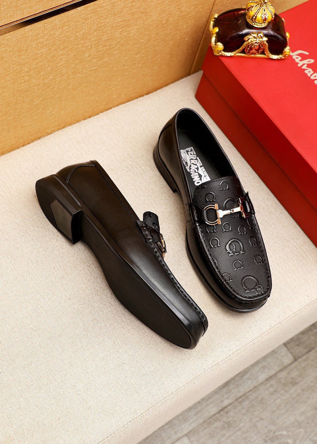 Ferragamo Black Embossed Buckle Loafers - Rubber Outsole