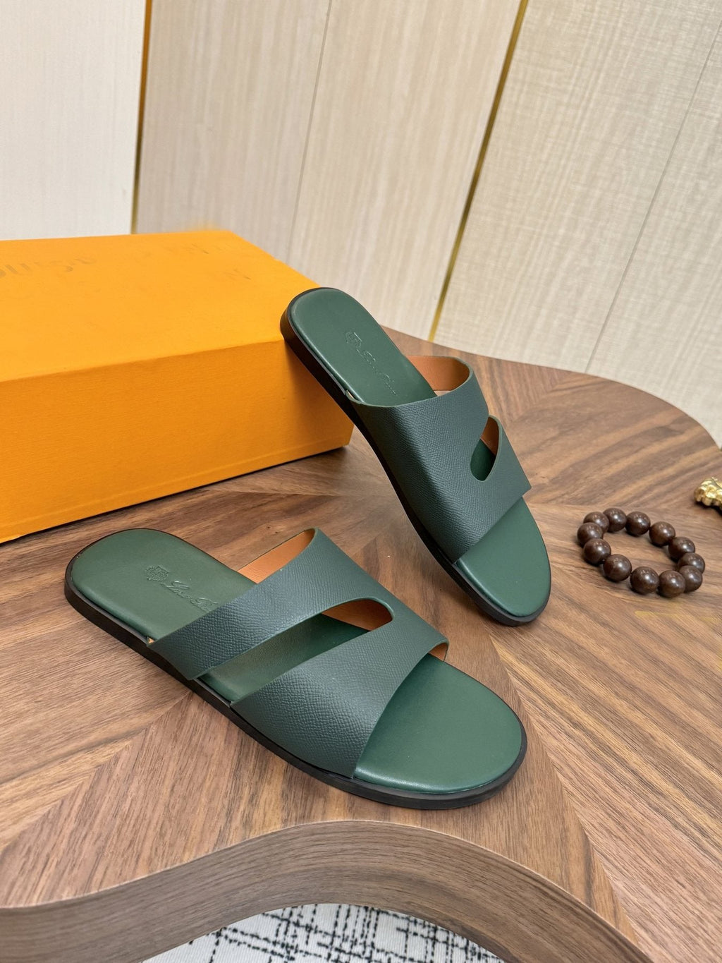 Loro Piana Dark Green Slide Sandals