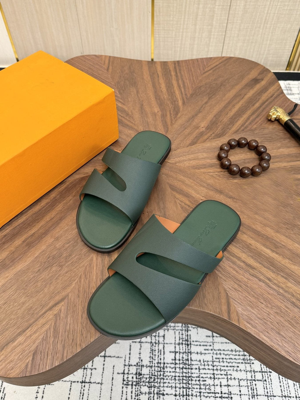 Loro Piana Dark Green Slide Sandals