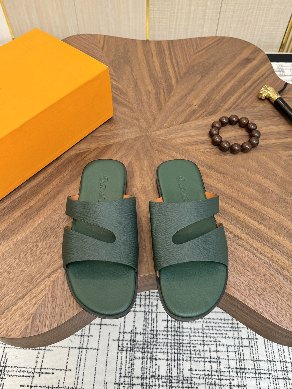 Loro Piana Dark Green Slide Sandals
