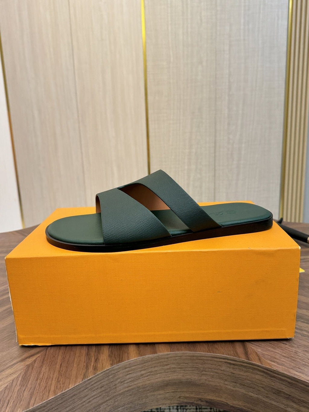 Loro Piana Dark Green Slide Sandals