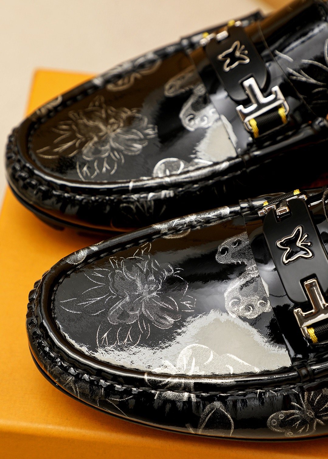 Louis Vuitton Black Floral-Embossed Buckle Loafers