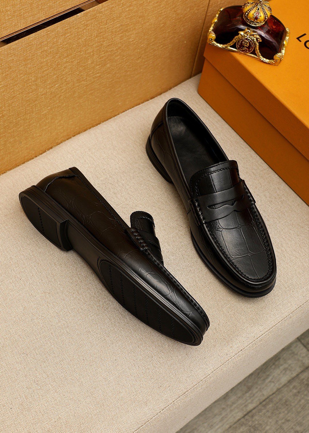 Louis Vuitton Black Textured Slip-On Loafers
