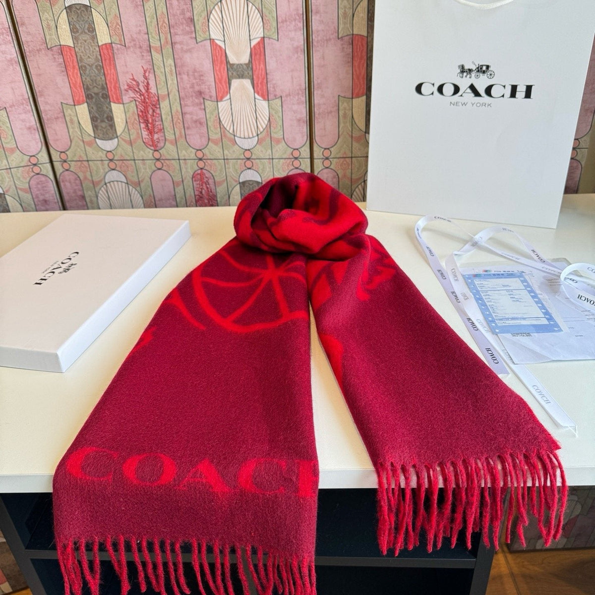 Coach Reversible Fringed Logo Scarf