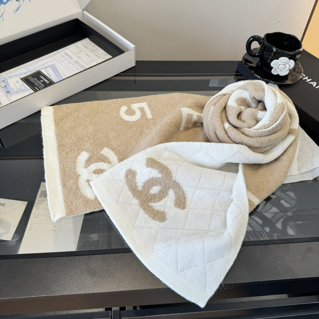 Chanel Beige and Cream Motif Knitted Scarf