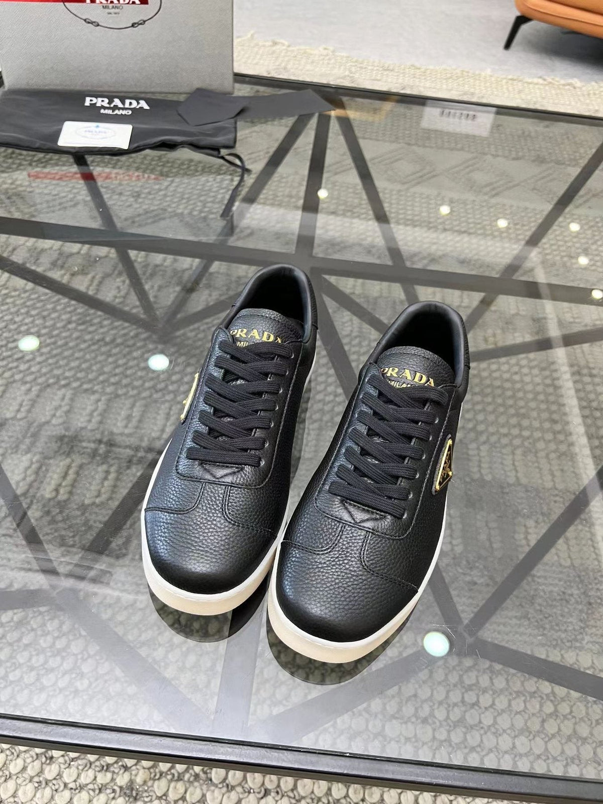 Prada Men's Gold Accent Low-Top Sneakers